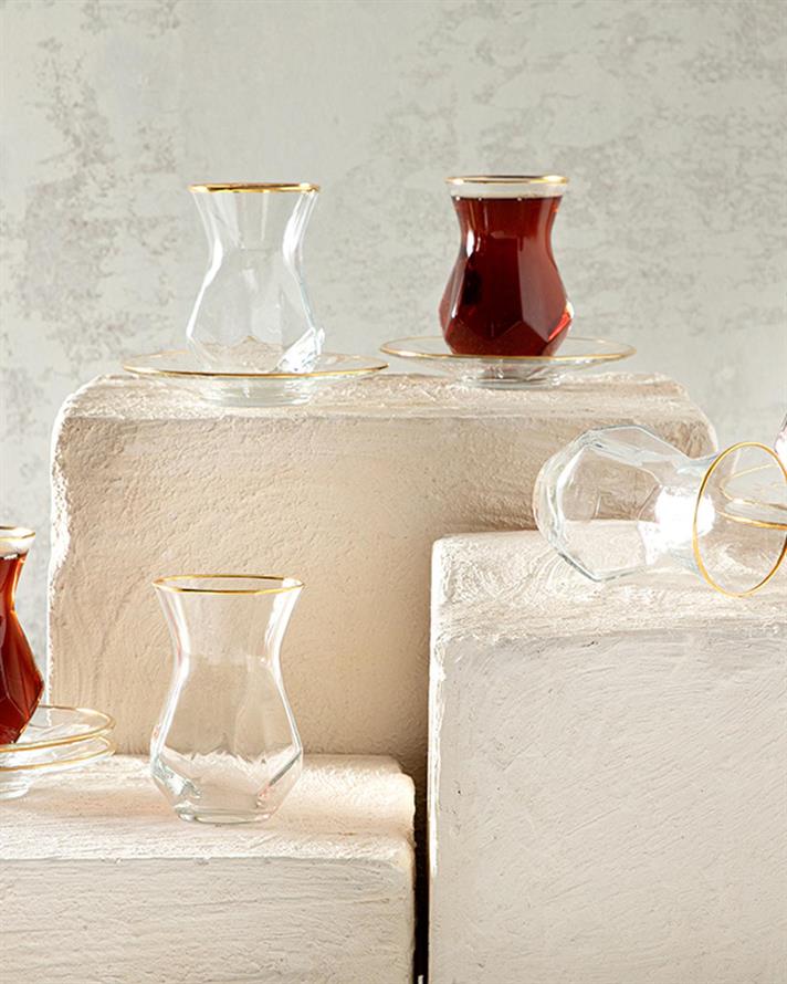 Set 6 pahare de ceai cu farfurie, Ritz, sticlă, 165 ml, auriu