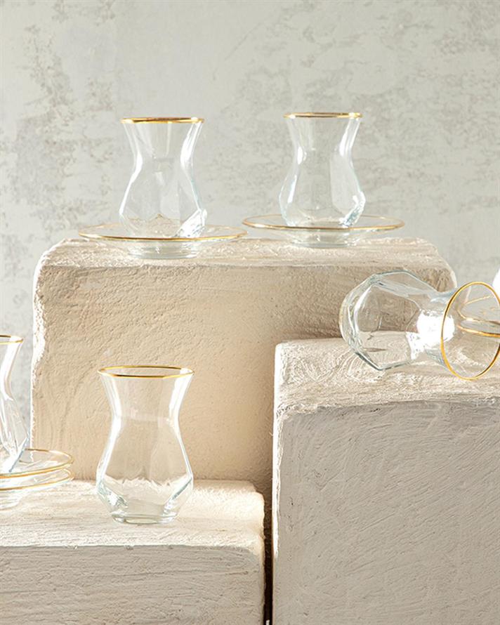 Set 6 pahare de ceai cu farfurie, Ritz, sticlă, 165 ml, auriu