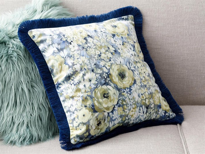 Romantic Floral Catifea Cu Ciucuri Pernuță 45x45 cm Gri - Bleumarin