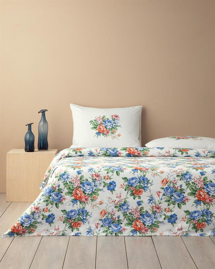 Set husa de pilota cu fata de perna, pentru o persoana, Rose Romance, bumbac, 160x220 cm/50x70 cm, bleu