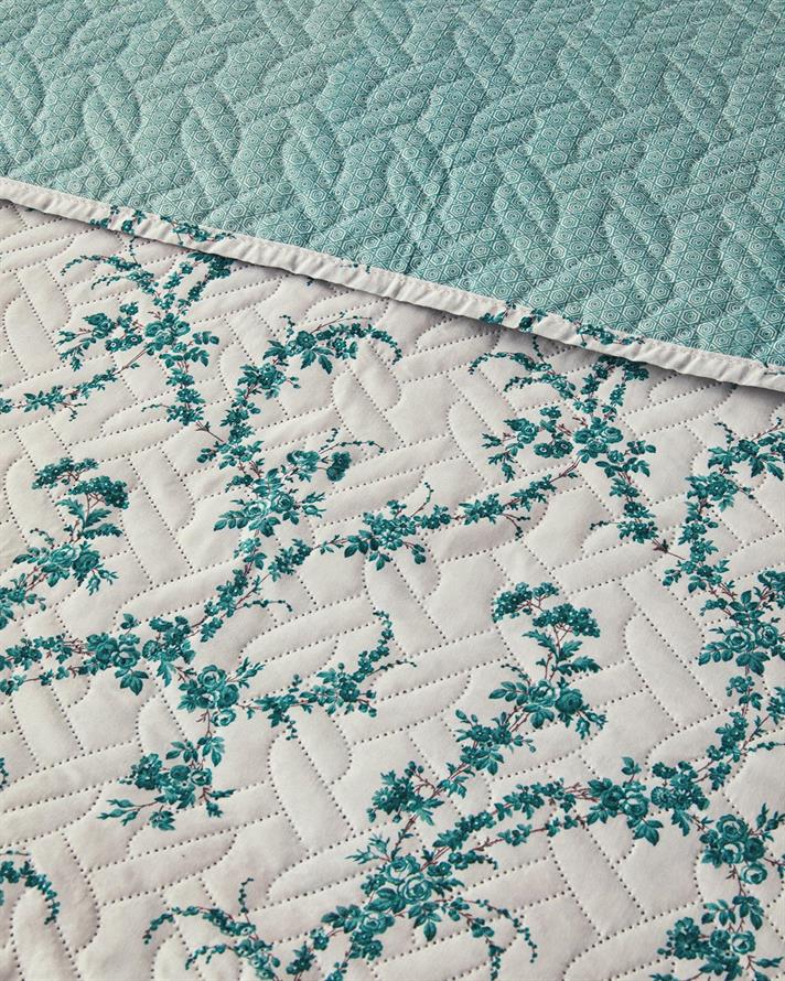 Set cuvertura pat cu fete de perna, pentru doua persoane, Scroll Flowers, poliester, 200x220 cm, verde