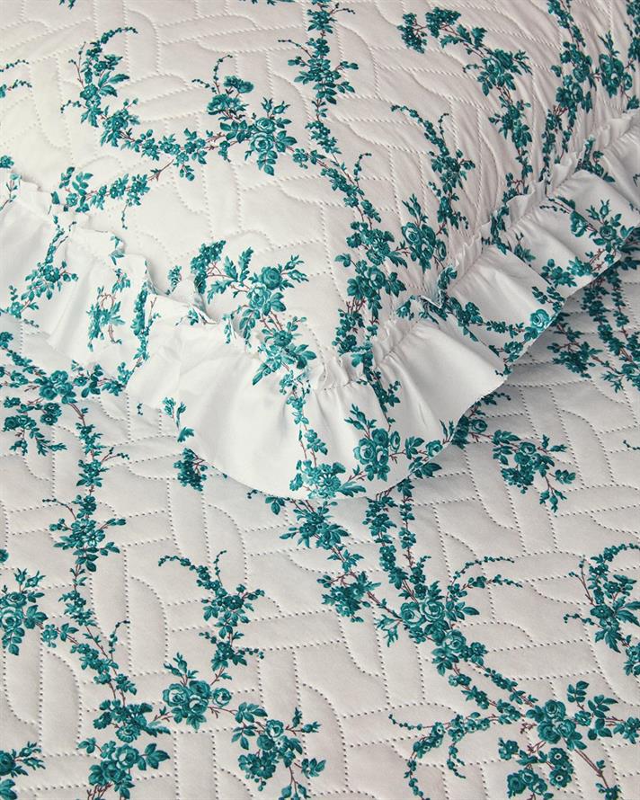 Set cuvertura pat cu fete de perna, pentru doua persoane, Scroll Flowers, poliester, 200x220 cm, verde