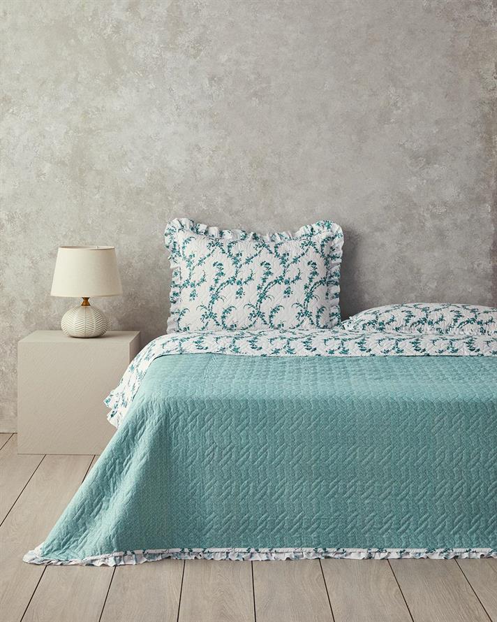 Set cuvertura pat cu fete de perna, pentru doua persoane, Scroll Flowers, poliester, 200x220 cm, verde