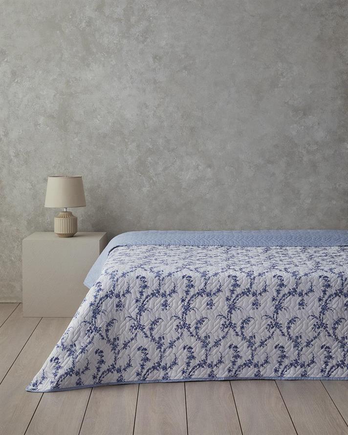 Cuvertura pat reversibila, pentru o persoana, Scroll Flowers, poliester, 160x220 cm, bleu
