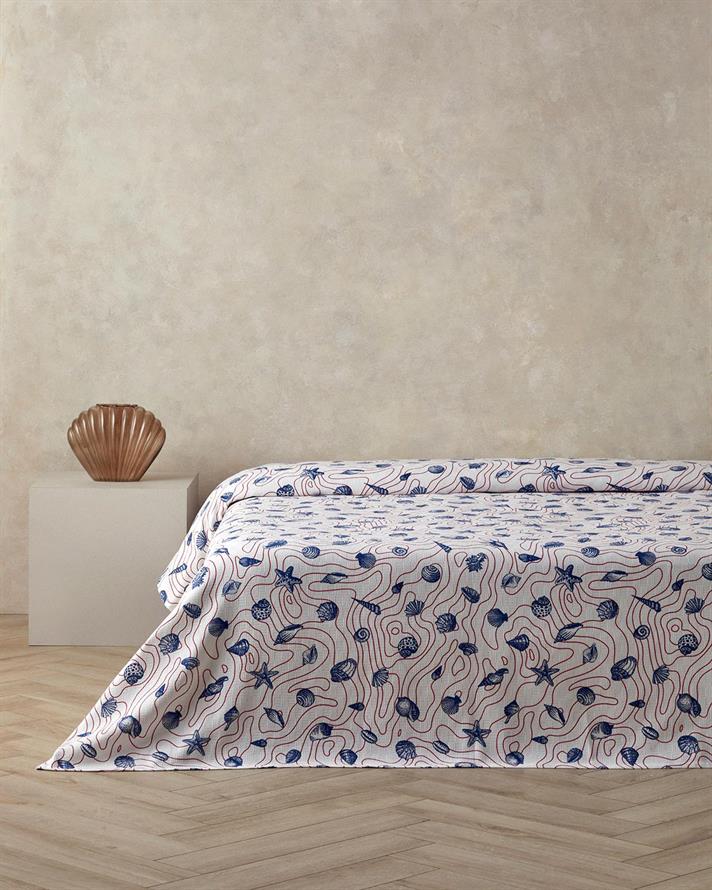 Patura subtire, pentru doua persoane, Seashell Shmphony, bumbac, 200x220 cm, rosu-albastru