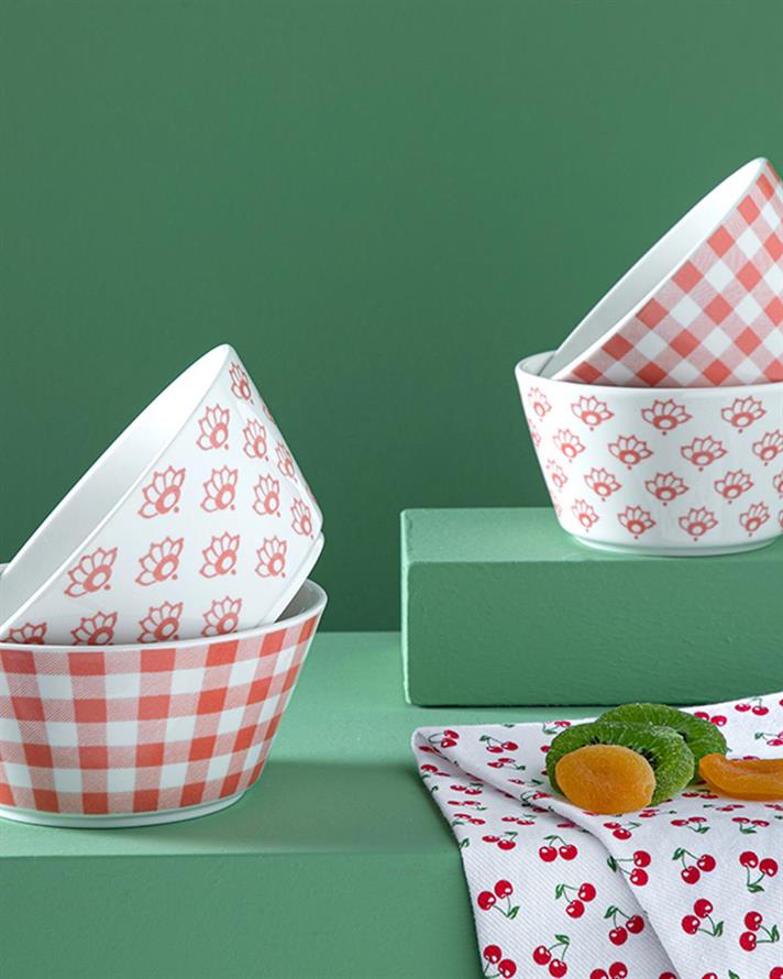 Set 2 boluri, Dainty Gingham, porțelan, 14 cm, portocaliu