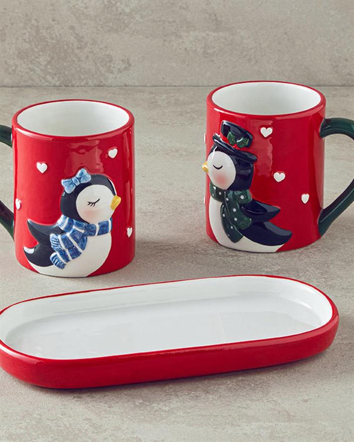 Set 2 căni, Lovely Penguins, dolomită, 400 ml, roșu