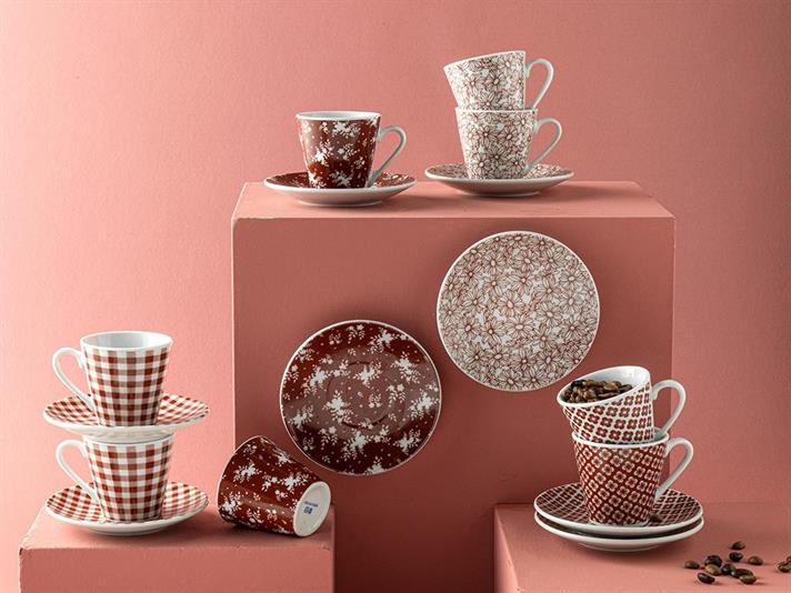 Set 2 cești de cafea cu farfurie, Alessi, porțelan, 80 ml, bordo