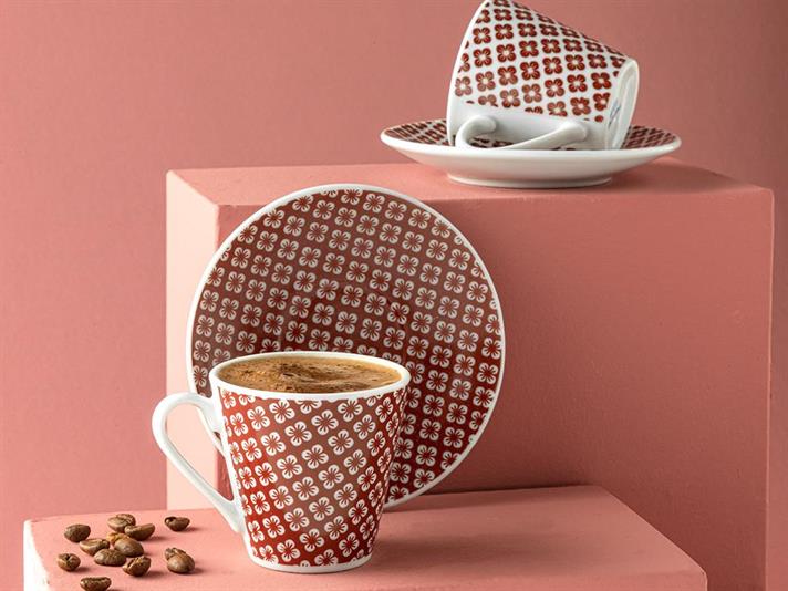 Set 2 cești de cafea cu farfurie, Alessi, porțelan, 80 ml, bordo