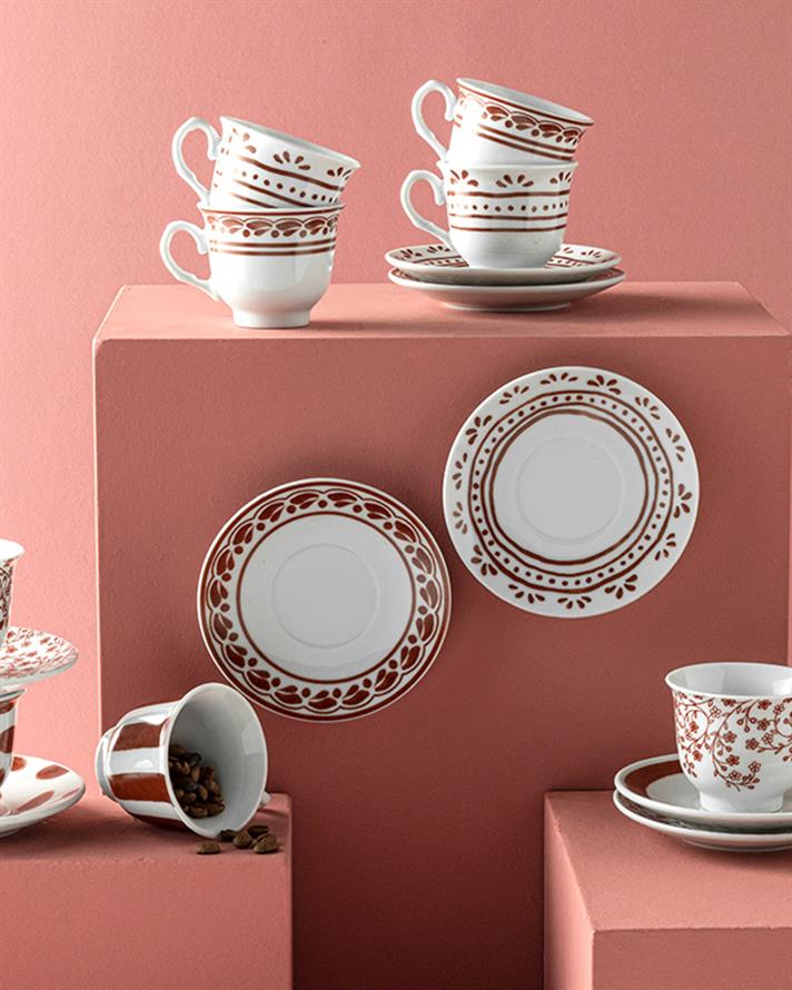 Set 2 cești de cafea cu farfurie, Axis, porțelan, 80 ml, bordo