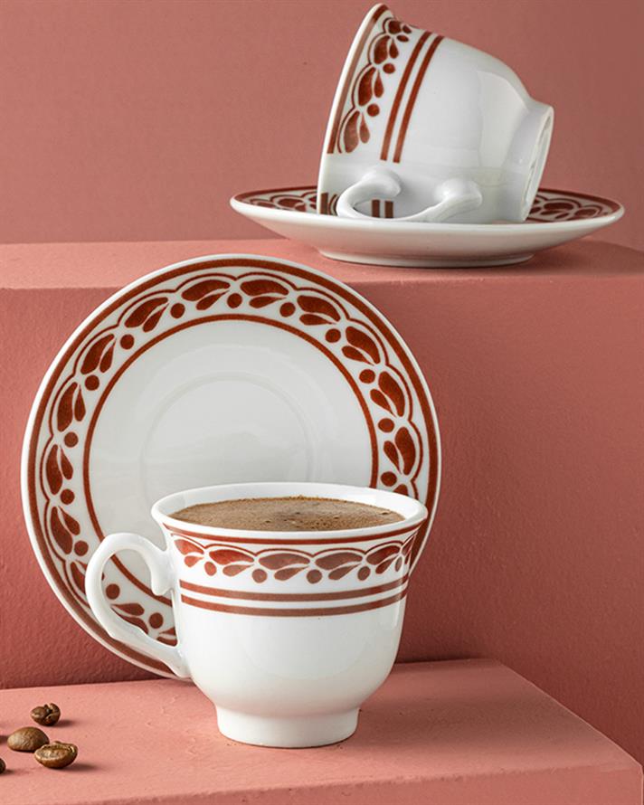 Set 2 cești de cafea cu farfurie, Axis, porțelan, 80 ml, bordo