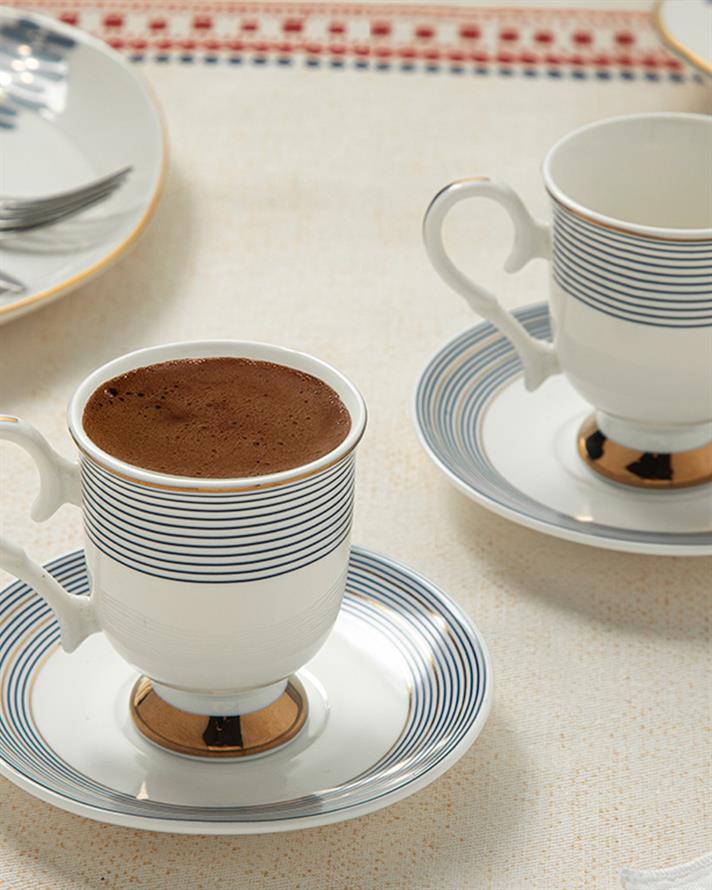 Set 2 cești de cafea cu farfurie, Elegance Deep, porțelan, 80 ml, bleumarin