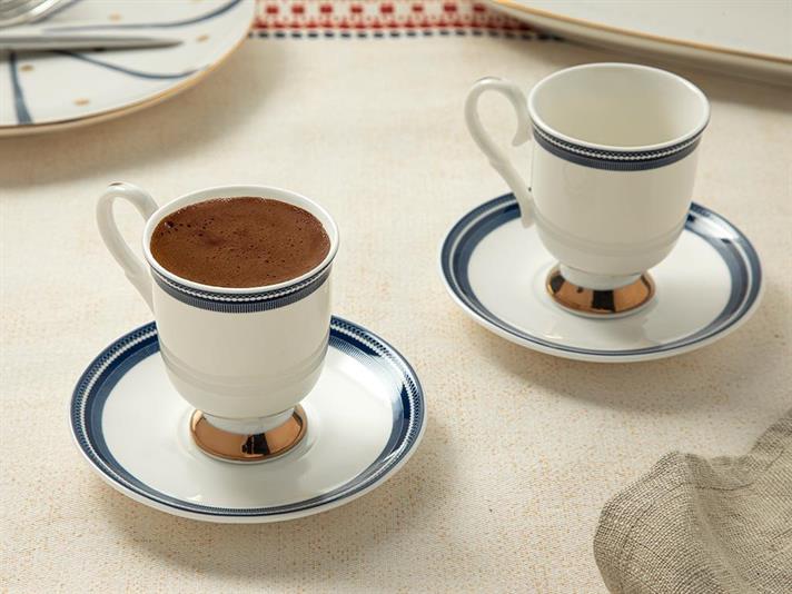 Set 2 cești de cafea cu farfurie, Elegance Line, porțelan, 80 ml, bleumarin