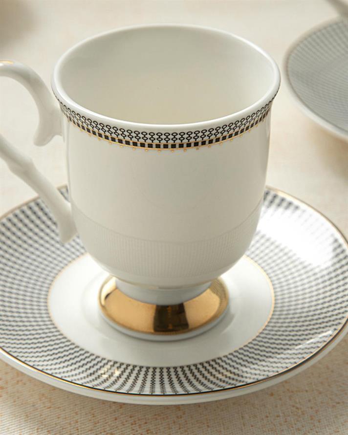 Set 2 cești de cafea cu farfurie, Elegance Dark, porțelan, 80 ml, negru