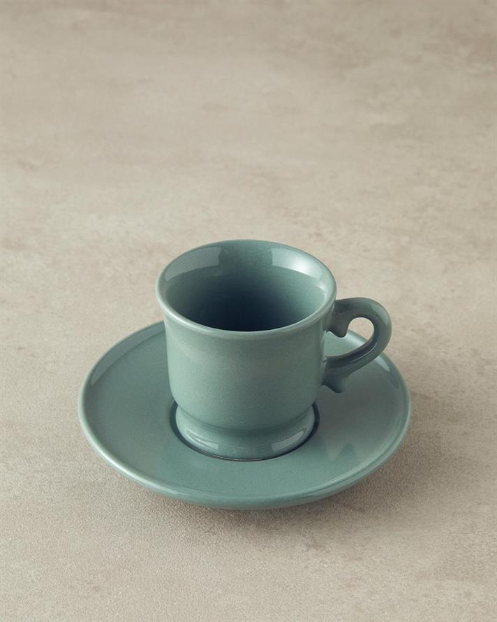 Set 2 cești de cafea cu farfurie, Elite, ceramică, 90 ml, verde