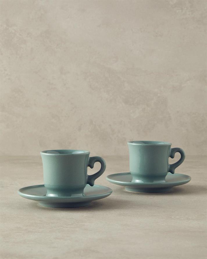 Set 2 cești de cafea cu farfurie, Elite, ceramică, 90 ml, verde
