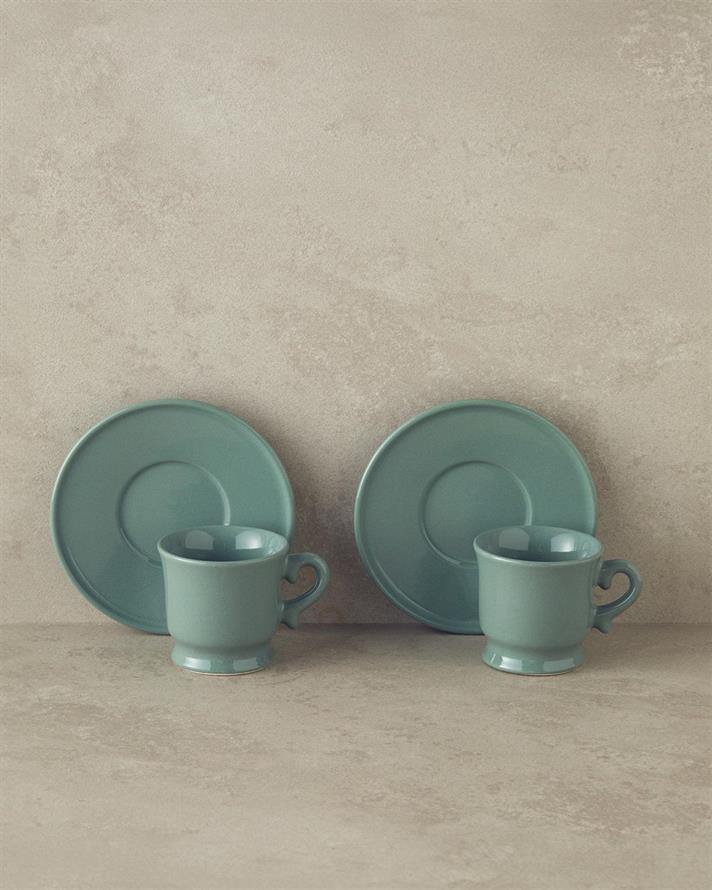 Set 2 cești de cafea cu farfurie, Elite, ceramică, 90 ml, verde