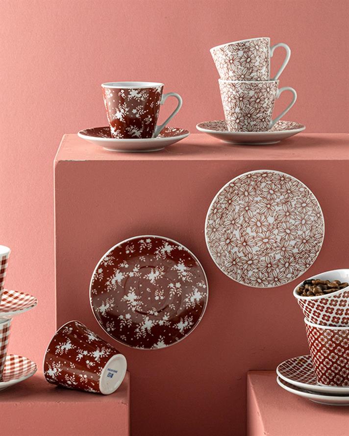 Set 2 cești de cafea cu farfurie, Gules, porțelan, 80 ml, bordo