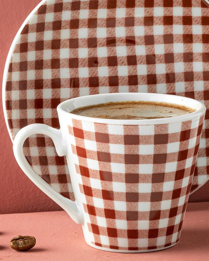 Set 2 cești de cafea cu farfurie, Gules, porțelan, 80 ml, bordo