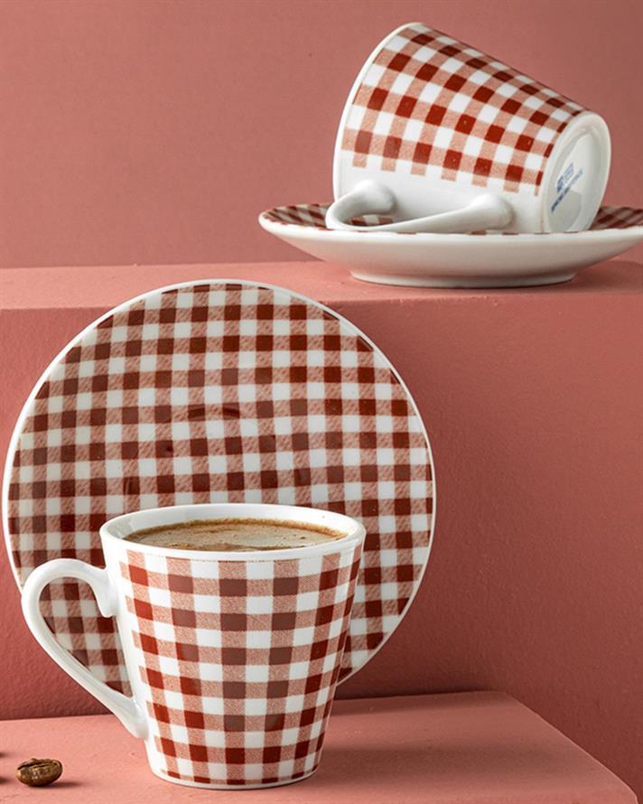 Set 2 cești de cafea cu farfurie, Gules, porțelan, 80 ml, bordo