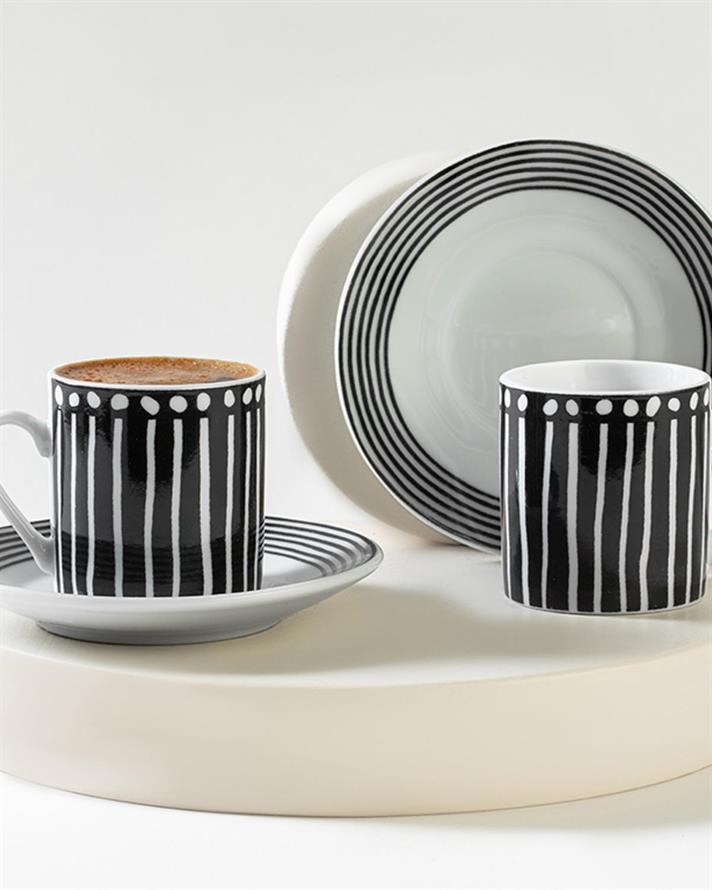Set 2 cești de cafea cu farfurie, Linette, porțelan, 80 ml, negru