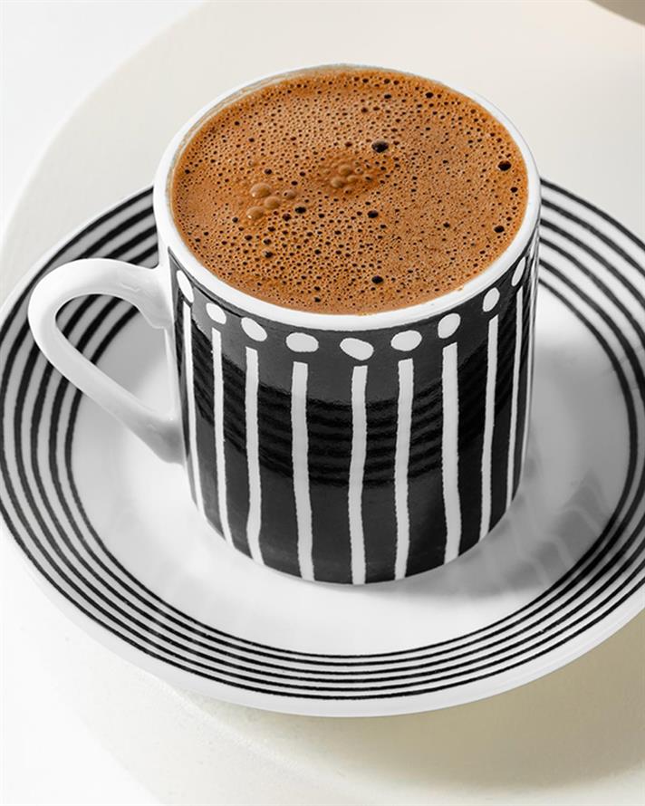 Set 2 cești de cafea cu farfurie, Linette, porțelan, 80 ml, negru