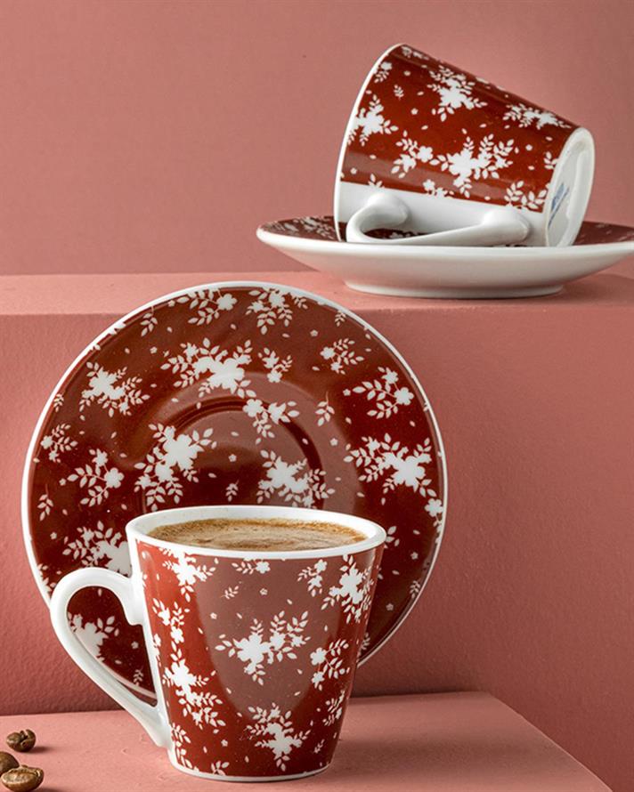 Set 2 cești de cafea cu farfurie, Lustre, porțelan, 80 ml, bordo