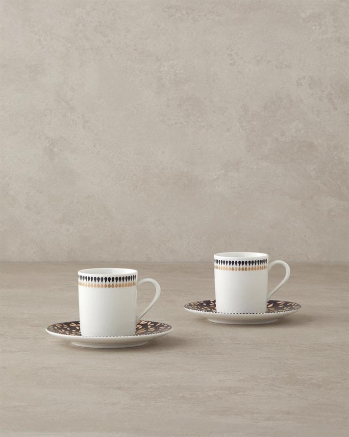Set 2 cești de cafea cu farfurie, Modern Daisy, porțelan, 80 ml, negru