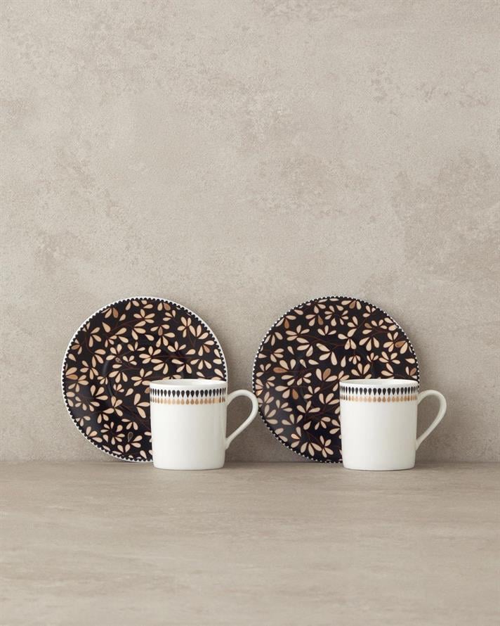 Set 2 cești de cafea cu farfurie, Modern Daisy, porțelan, 80 ml, negru