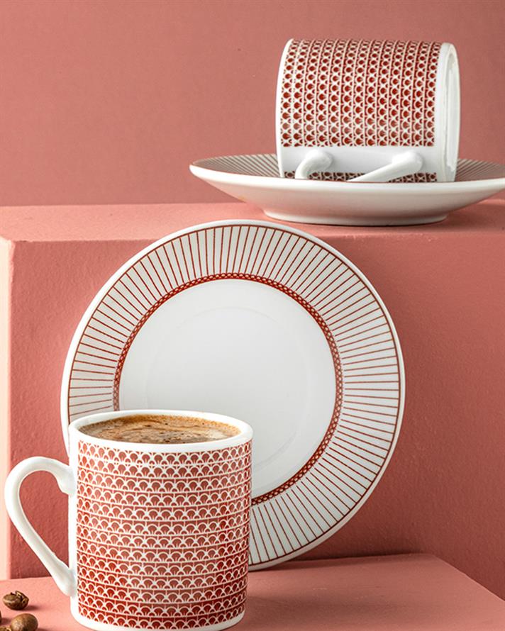 Set 2 cești de cafea cu farfurie, Oak, porțelan, 80 ml, bordo
