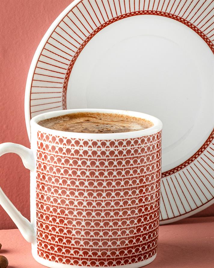 Set 2 cești de cafea cu farfurie, Oak, porțelan, 80 ml, bordo