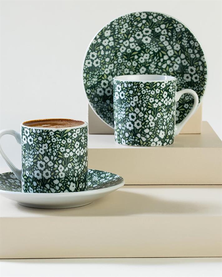 Set 2 cești de cafea cu farfurie, Posy Flowers, porțelan, 80 ml, verde