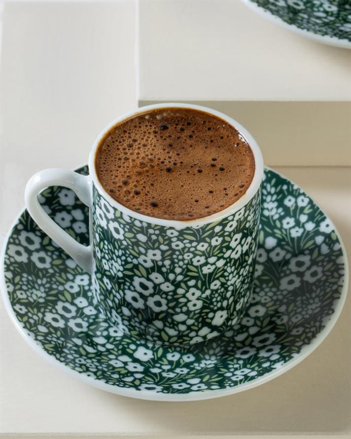 Set 2 cești de cafea cu farfurie, Posy Flowers, porțelan, 80 ml, verde