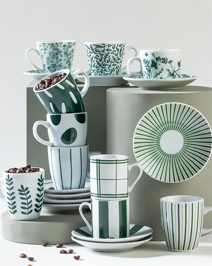 Set 2 cești de cafea cu farfurie, Simple Green, porțelan, 80 ml, verde