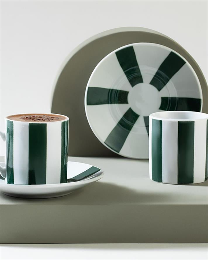 Set 2 cești de cafea cu farfurie, Simple Green, porțelan, 80 ml, verde