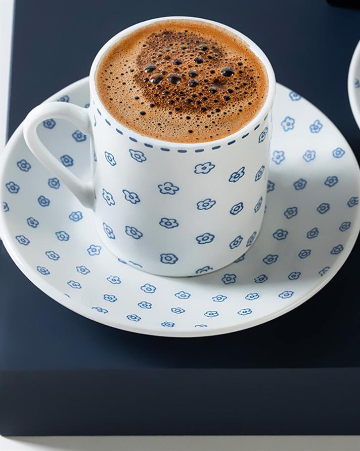 Set 2 cești de cafea cu farfurie, Small Flowers, porțelan, 80 ml, bleu