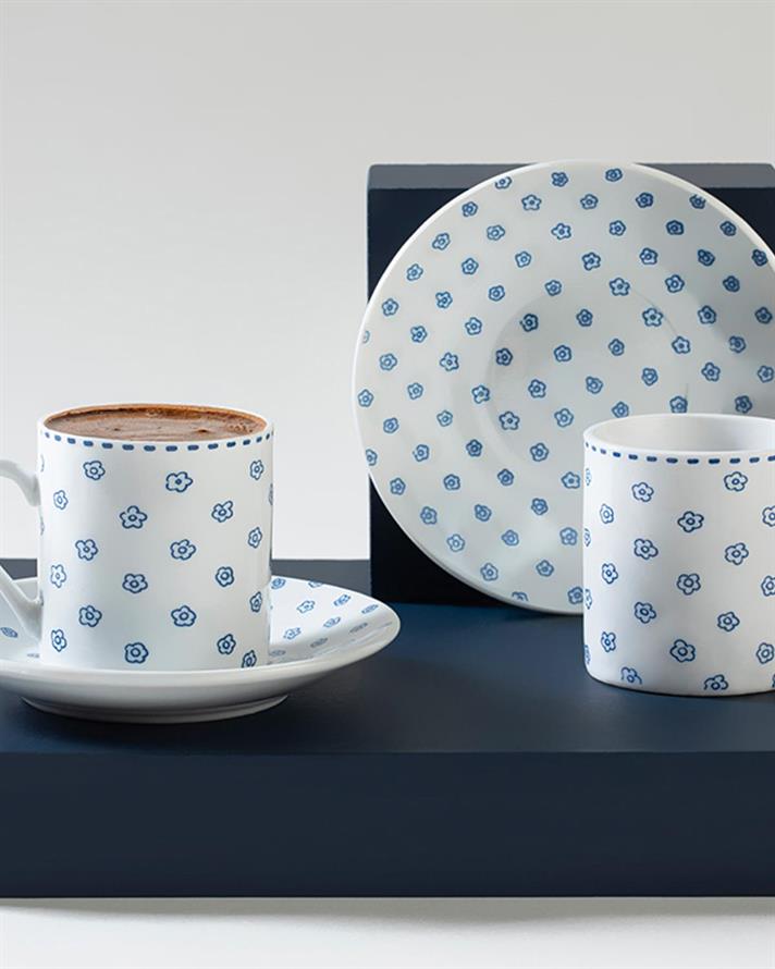 Set 2 cești de cafea cu farfurie, Small Flowers, porțelan, 80 ml, bleu