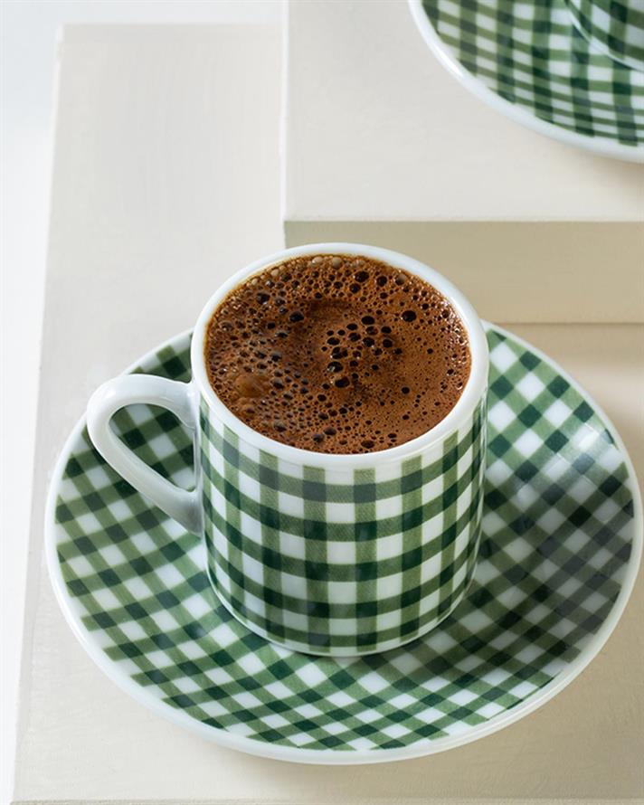 Set 2 cești de cafea cu farfurie, Squares, porțelan, 80 ml, verde