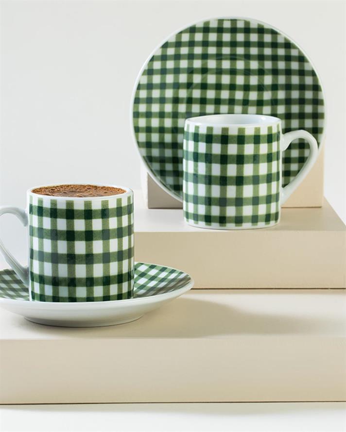 Set 2 cești de cafea cu farfurie, Squares, porțelan, 80 ml, verde
