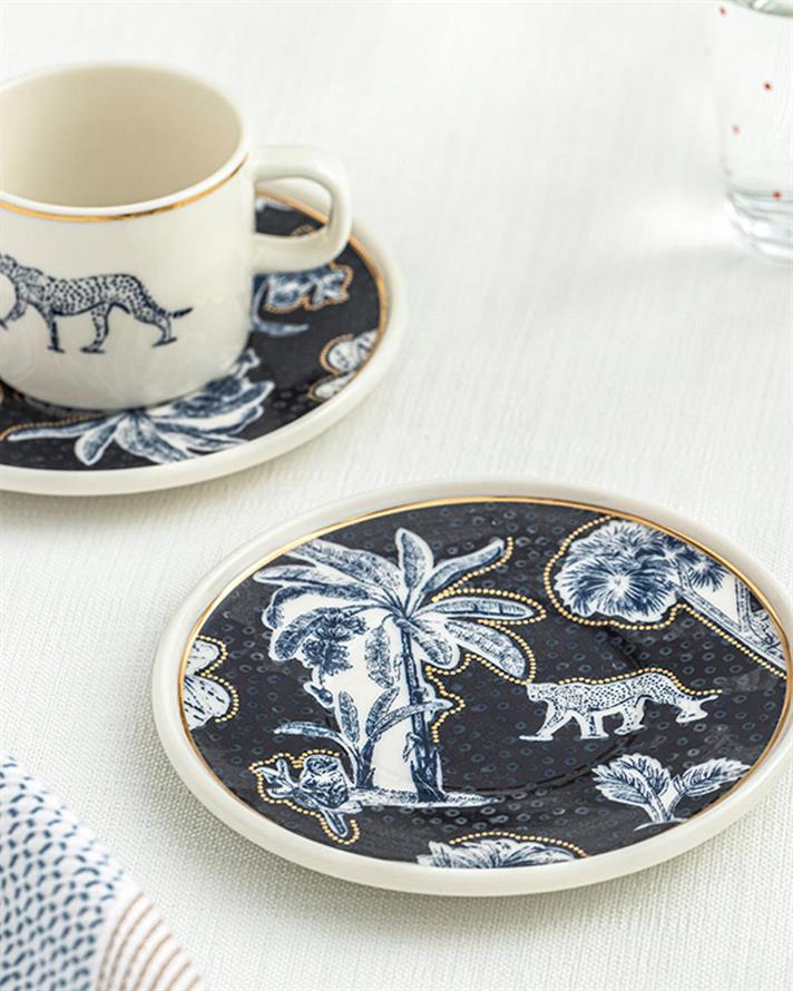 Set 2 cești de cafea cu farfurie, Toile Panther, porțelan, 90 ml, bleu