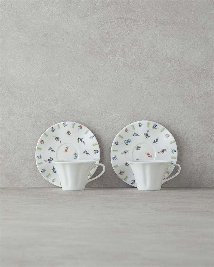 Set 2 cești de ceai cu farfurie, Pleasant, porțelan, 180 ml, alb-multicolor