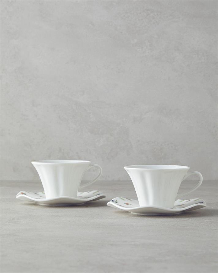 Set 2 cești de ceai cu farfurie, Pleasant, porțelan, 180 ml, alb-multicolor