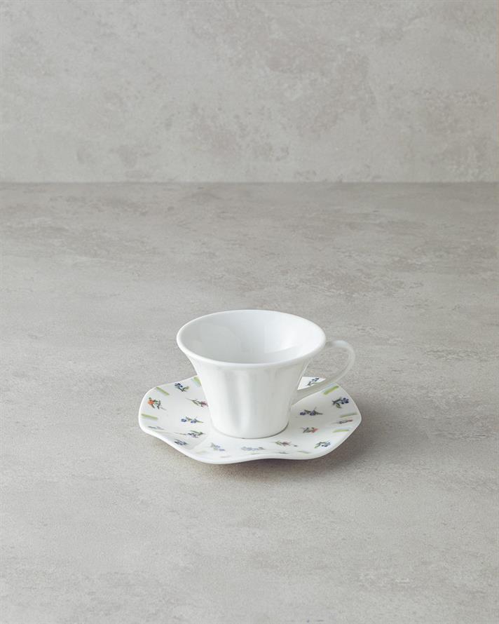 Set 2 cești de ceai cu farfurie, Pleasant, porțelan, 180 ml, alb-multicolor