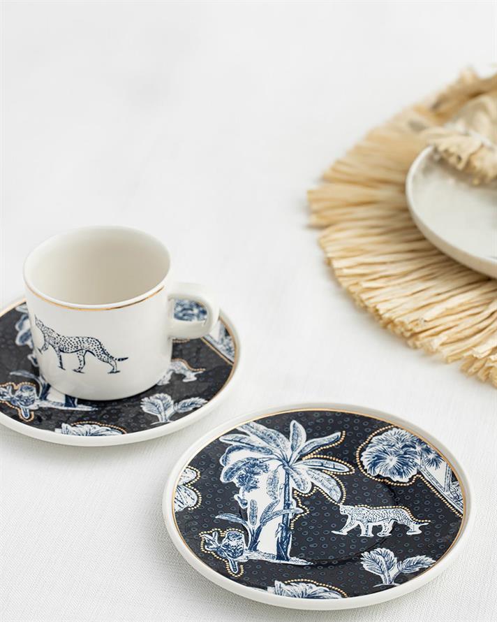 Set 2 cești de ceai cu farfurie, Toile Panther, porțelan, 200 ml, bleu