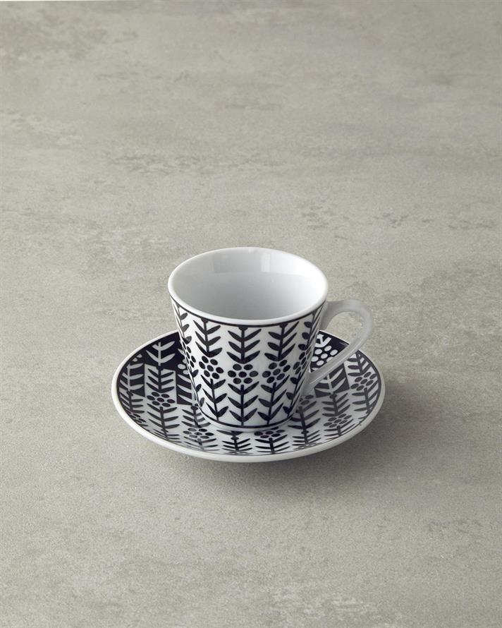 Set 2 cesti cu farfurie, Sunline, portelan, 80 ml, negru