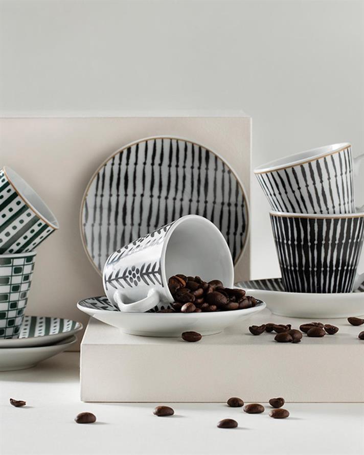 Set 2 cesti cu farfurie, Valda, portelan, 80 ml, verde