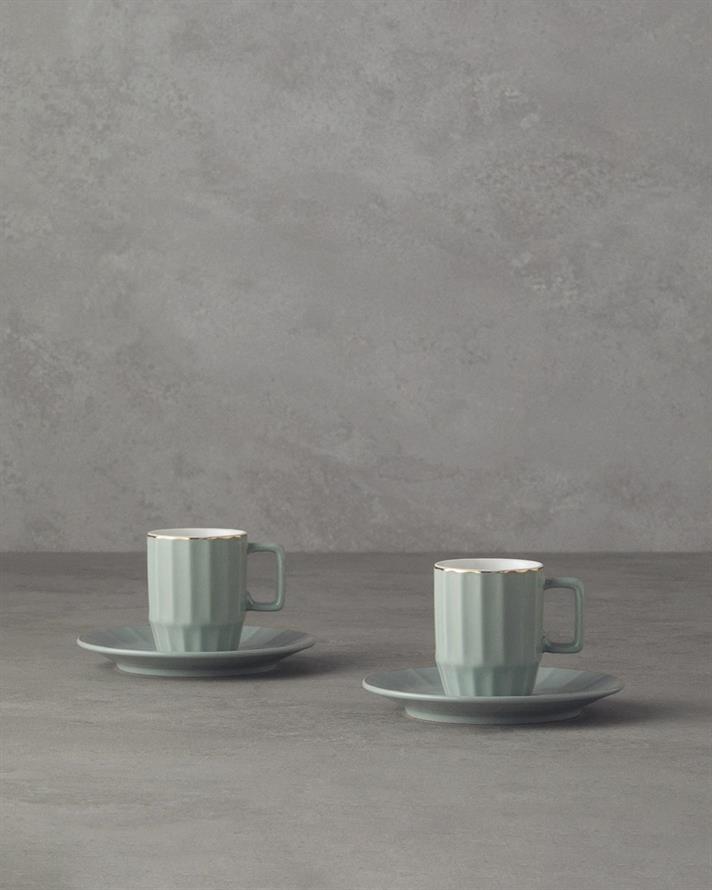 Set 2 cesti de cafea cu farfurioara, Angely, portelan, 80 ml, verde