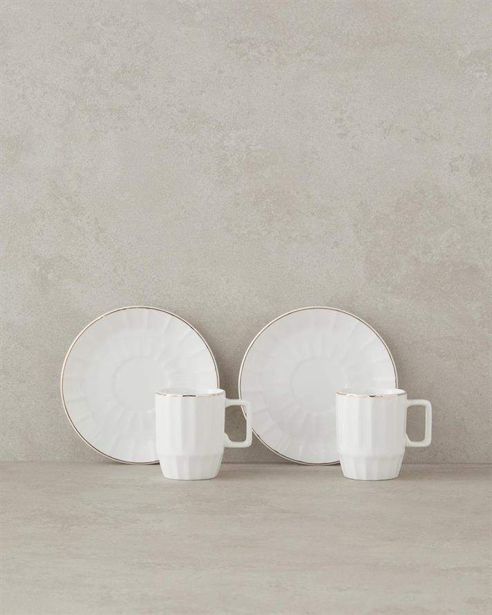 Set 2 cesti de cafea cu farfurioara, Angely, portelan, 80 ml, alb