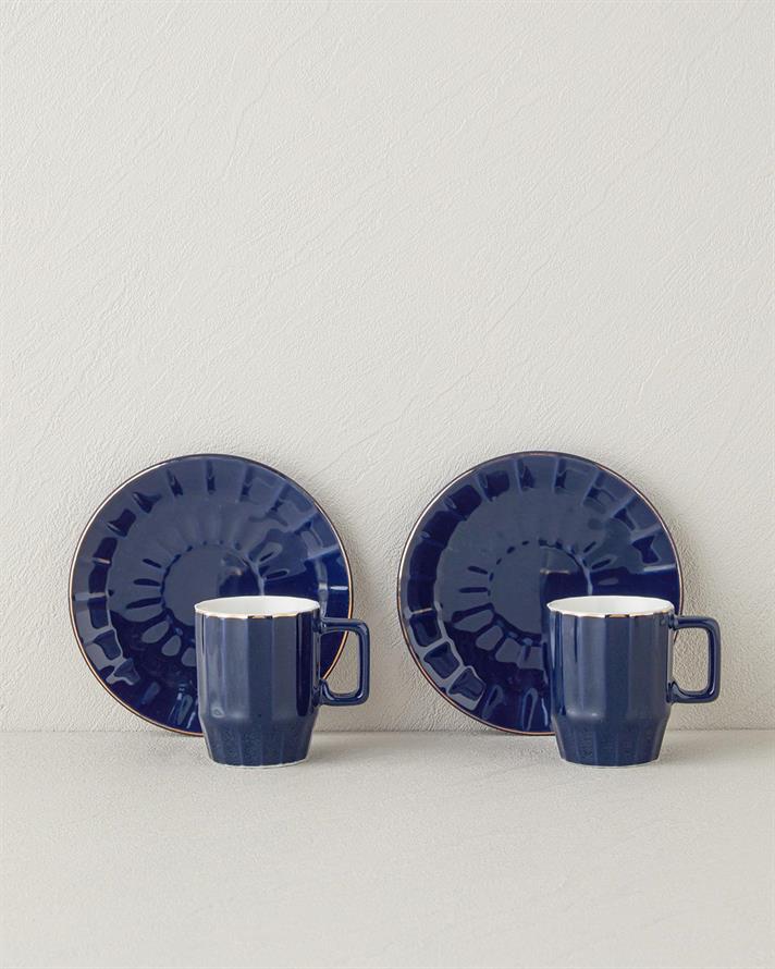 Set 2 cesti de cafea cu farfurioara, Angely, portelan, 80 ml, albastru