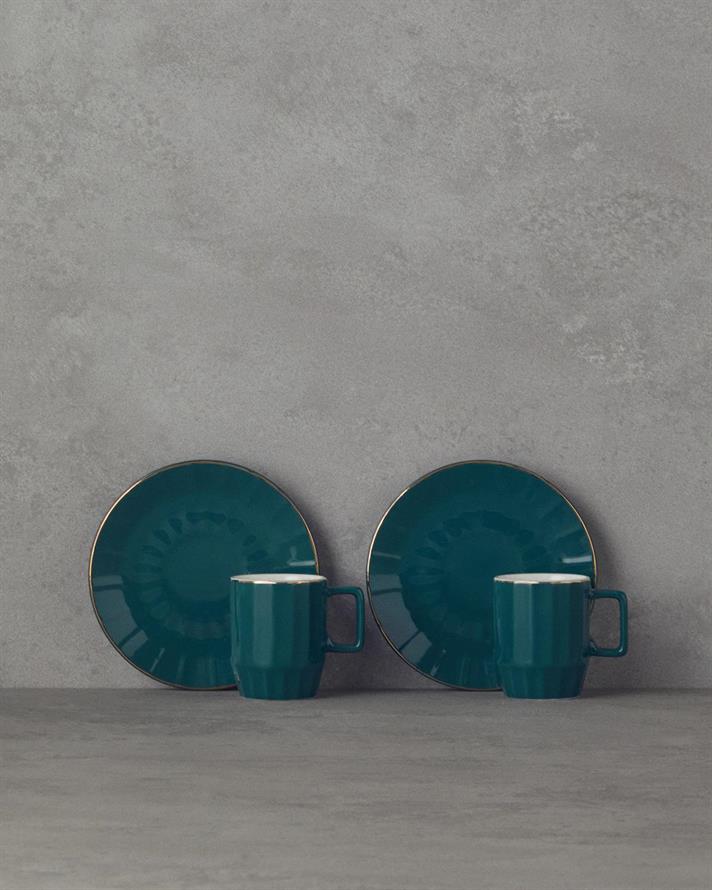 Set 2 cesti de cafea cu farfurioara, Angely, portelan, 80 ml, verde